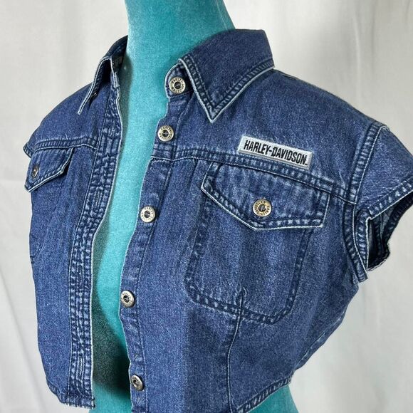 Vintage Harley-Davidson Cap Sleeve Denim Cropped Vest Jacket (Size S) - Picture 2 of 6